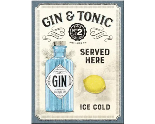 Dekorative Illustration mit Gin- und Tonic-Motiv, inklusive einer Flasche Gin und einer Zitrone.