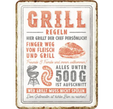 Dekoratives Schild mit Grillregeln und Illustrationen von Grillgut