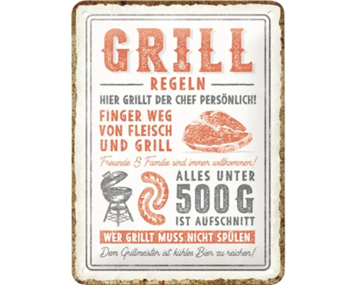 Dekoratives Schild mit Grillregeln und Illustrationen von Grillgut