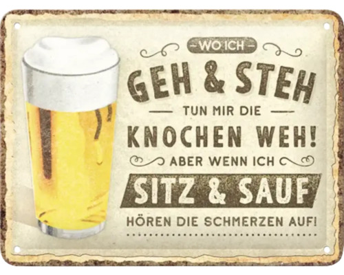 Dekoratives Blechschild mit Biermotiv und Spruch.