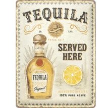 Dekoratives Schild mit Tequila Flasche, Zitrone und Schriftzug.