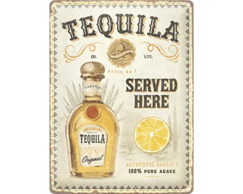 Dekoratives Schild mit Tequila Flasche, Zitrone und Schriftzug.