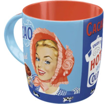 Tasse mit Frau im Stil der 1950er Jahre und Kakaoaufdruck