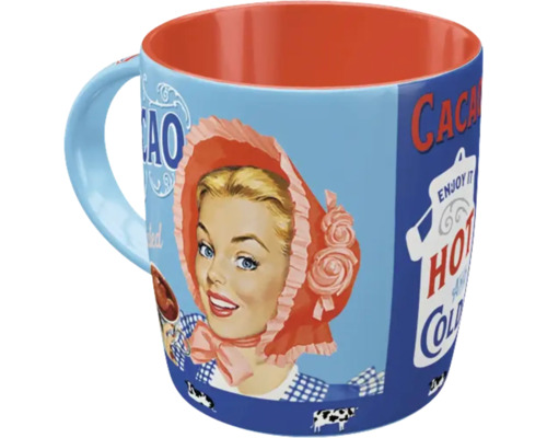 Tasse mit Frau im Stil der 1950er Jahre und Kakaoaufdruck