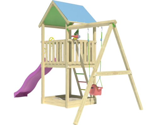 Einzelschaukel Spielhaus mit Stelzen Jungle Gym 444 x 267 cm Holz bestehend aus Fahne, Fernrohr, Grundturm, Handgriff, Kopfschutz, Leiter, Lenkrad, Schaukel, Rutsche, Sandkasten rosa Spielturm aus Holz mit Schaukel und Rutsche für den Außenbereich