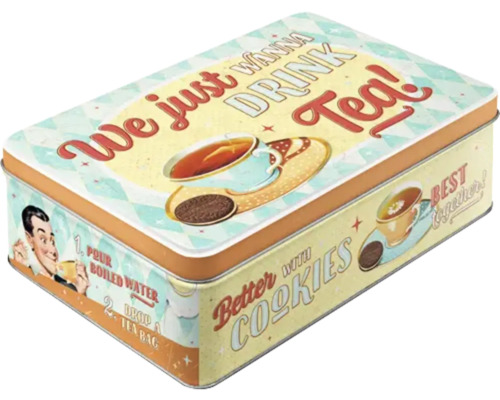 Teedose mit Retro Design und Tee- und Keks-Motiven