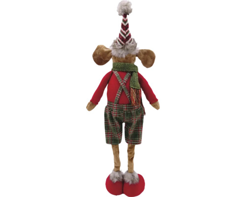 Dekorative Elchfigur mit Mütze, Schal, Hosenträgern und karierter Hose als Weihnachtsdekoration