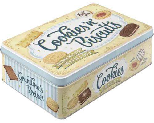 Dekorative Keksdose mit der Aufschrift Cookies''n Biscuits und Oma''s Rezepten