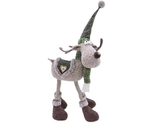 Dekorative Rentierfigur mit Mütze, Schal und Herzapplikation