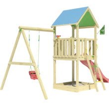 Kinderspielplatz mit Schaukel, Kletterturm, Rutsche und Sandkasten