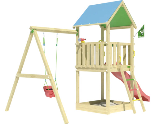 Einzelschaukel Spielhaus mit Stelzen Jungle Gym 444 x 267 cm Holz bestehend aus Fahne, Fernrohr, Grundturm, Handgriff, Kopfschutz, Leiter, Lenkrad, Schaukel, Rutsche, Sandkasten rot Kinderspielplatz mit Schaukel, Kletterturm, Rutsche und Sandkasten