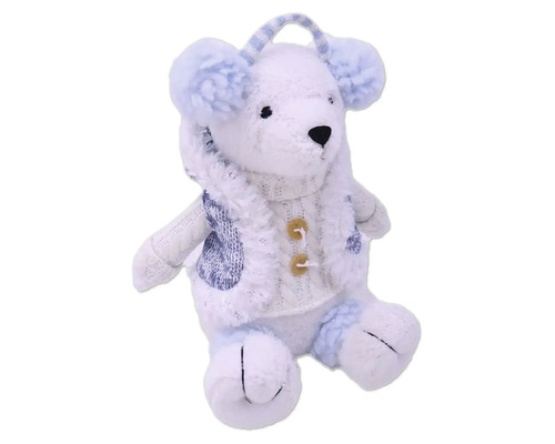 Teddybär mit Strickjacke und Ohrenschützern als Dekoration
