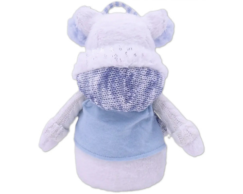 Rückansicht eines Teddybären mit Kapuze als Flaschenhülle