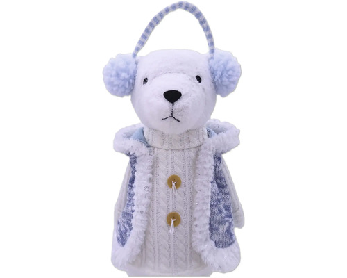 Teddybär als Dekoration mit Ohrenschützern und Strickjacke