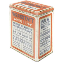 Dekorative Metalldose mit Werkstattregeln