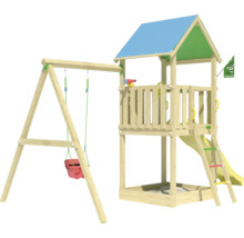 Spielturm mit Schaukel, Rutsche und Sandkasten aus Holz