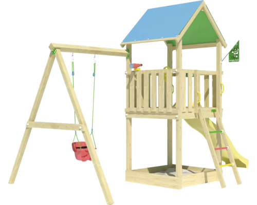 Einzelschaukel Spielhaus mit Stelzen Jungle Gym 444 x 267 cm Holz bestehend aus Fahne, Fernrohr, Grundturm, Handgriff, Kopfschutz, Leiter, Lenkrad, Schaukel, Rutsche, Sandkasten gelb Spielturm mit Schaukel, Rutsche und Sandkasten aus Holz