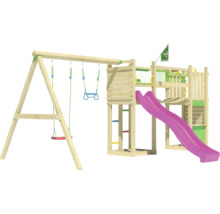 Spielturm aus Holz mit Schaukel und Rutsche