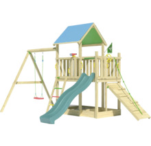 Spielturm aus Holz mit Rutsche, Schaukel und Kletterleiter
