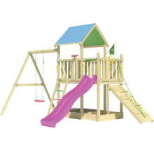 Spielturm aus Holz mit Rutsche, Schaukel und Klettergerüst