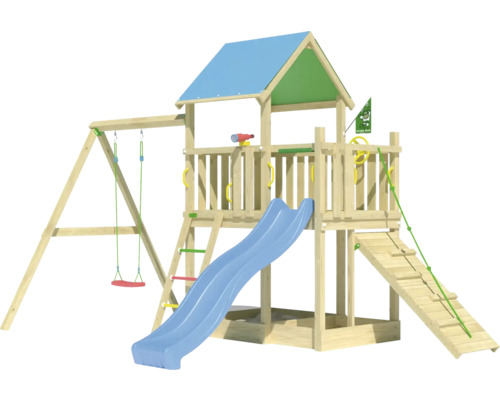 Einzelschaukel Spielhaus mit Stelzen Jungle Gym 451 x 295 cm Holz bestehend aus 1 Brettschaukel,Rutsche,Handgriff,Leiter,Klettertau,Fahne,Leitersprossen,Fernrohr,Sandkasten,Lenkrad Spielturm aus Holz mit Schaukel, Rutsche, Leiter und Kletterwand für den Garten