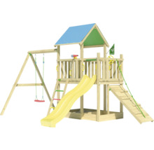 Spielturm aus Holz mit Schaukel, Rutsche und Klettergerüst