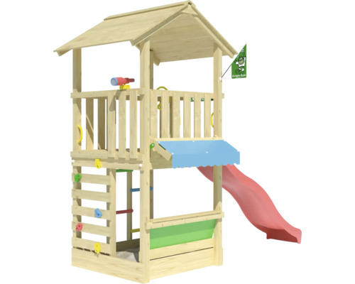 Spielhaus mit Stelzen Jungle Gym 311 x 157 cm Holz rot bestehend aus Fahne, Leiter, Lenkrad, Fernrohr, Klettersteine, Sandkasten, Rutsche, Kaufmannsladen, Handgriff Holzspielturm mit Rutsche, Kletterwand und Spielhaus