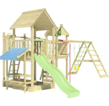 Spielturm mit Rutsche, Schaukel, Kletterwand und Sandkasten aus Holz