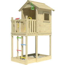 Spielturm aus Holz mit Sandkasten und Kletterwand