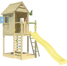 Spielturm aus Holz mit Rutsche, Kletterwand und Spielhaus