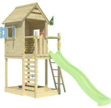Spielturm aus Holz mit Rutsche, Kletterwand und Spielhaus