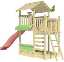 Spielturm aus Holz mit Rutsche und Kletterwand