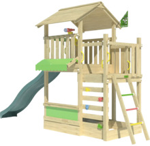Spielturm aus Holz mit Rutsche, Kletterwand und Leiter