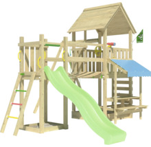 Spielturm aus Holz mit Rutsche, Leiter, Strickleiter und Dach