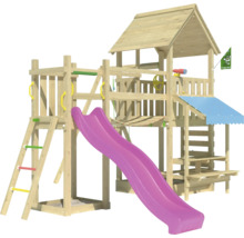 Spielturm aus Holz mit Rutsche, Kletterwand und Spielhaus