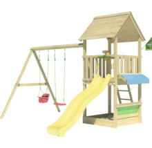 Spielturm aus Holz mit Rutsche und Schaukel