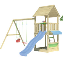 Spielplatz mit Rutsche, Schaukel und Spielhaus aus Holz