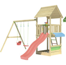 Holzspielturm mit Schaukel und Rutsche für den Garten