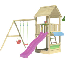 Holzspielplatz mit Schaukel, Rutsche und Spielhaus