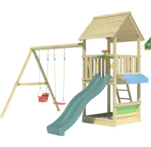 Spielturm aus Holz mit Schaukel, Rutsche und Sandkasten