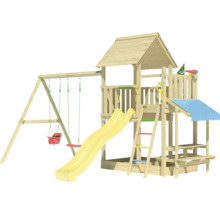 Holzspielplatz mit Rutsche, Schaukel und Spielhaus für Kinder