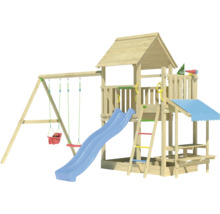 Spielturm aus Holz mit Rutsche, Schaukeln und Spielhaus