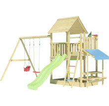 Spielplatz mit Rutsche, Schaukel und Spielturm aus Holz