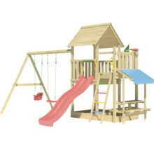 Spielplatz mit Schaukel, Rutsche und Spielturm aus Holz