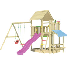 Spielplatz mit Schaukel, Rutsche, Spielhaus und Leiter aus Holz