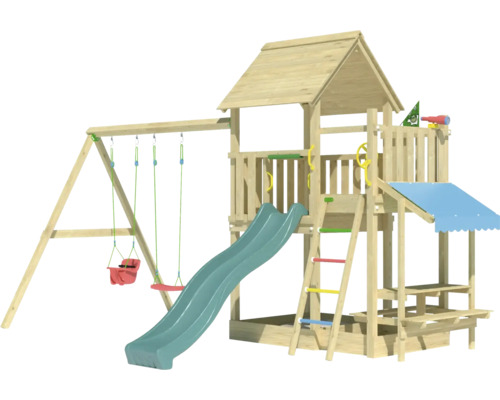 Doppelschaukel Spielhaus mit Stelzen Jungle Gym 476 x 306 cm Holz dunkelgrün Spielplatz mit Schaukel, Rutsche und Kletterturm aus Holz