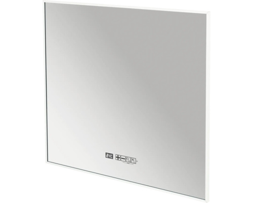 Rechteckiger Spiegel mit digitaler Anzeige und Symbolen für Funktionen wie Licht und Heizung