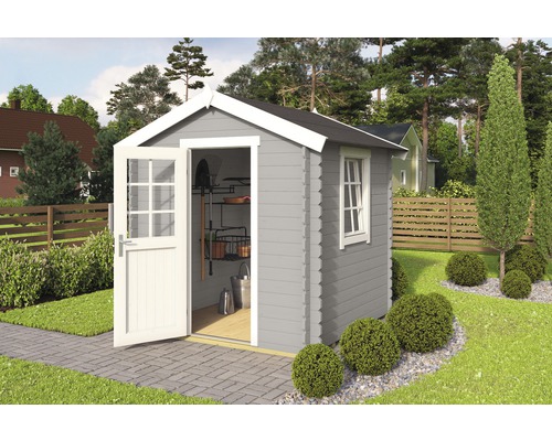 Graues Gartenhaus mit geöffneter Tür und Gartengeräten im Inneren.