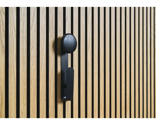 Sonava Function Haken schwarz pulverbeschichtet mit Holzkopf schwarz Large Pack = 4 Stück inkl. Fixierung Wandpaneel aus Holz mit schwarzem Kleiderhaken