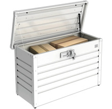Geöffnete, abschließbare Aufbewahrungsbox aus Aluminium mit Kartons